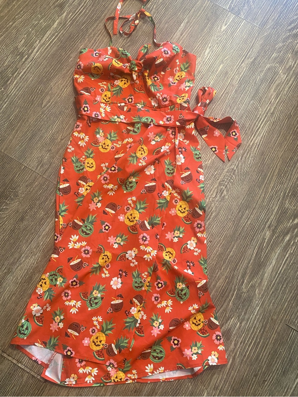 Unique Vintage Red Tropical Print Midi Dress